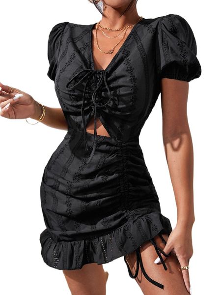 

puff sleeve drawstring front ruffle hem schiffy dress n90s#, Black;gray