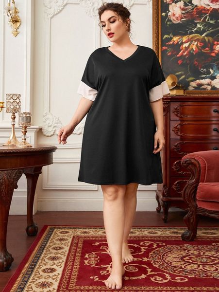 

plus color block nightdress c93p#, Black;white