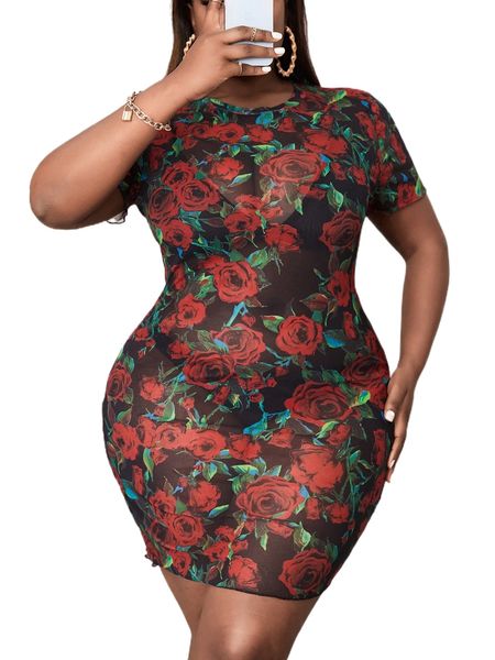 

sxy plus allover floral print bodycon dress without lingerie 62bk#, Black