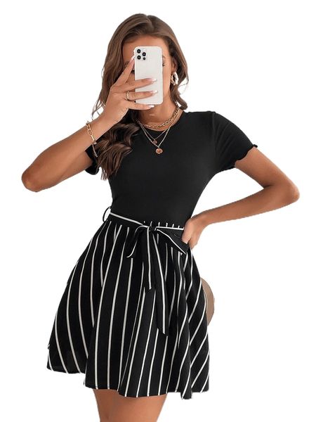 

striped panel belted a-line dress g5le#, Black;gray