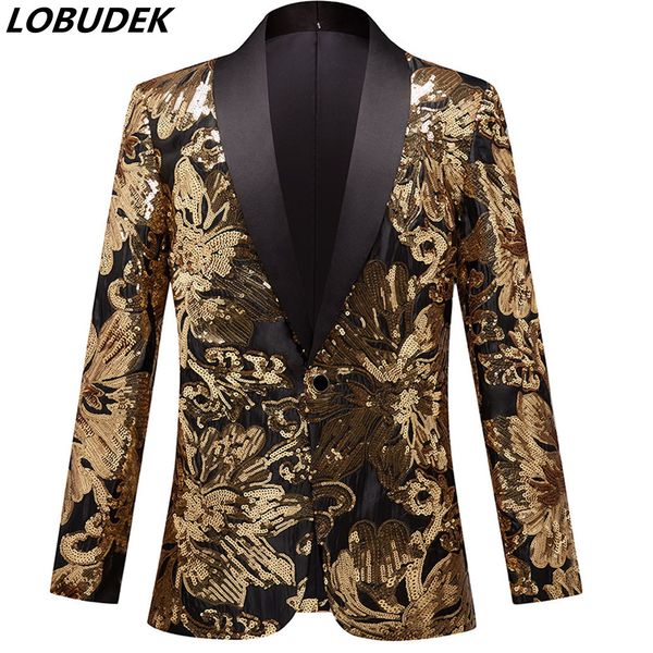 Herren-Blazer mit Gold-Pailletten, schlank, Blumenmuster, Anzugjacke, Hochzeit, Bräutigam, Bankett, Blume, lässig, Smoking, Bar, Bühne, Sänger, Stern, Konzert, Leistung, Mantel, Nachtclub, Glitzer-Kostüm