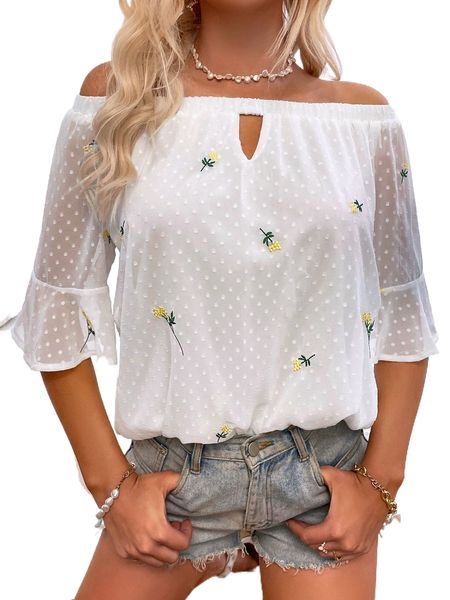 

floral embroidery off shoulder flounce sleeve blouse 51df#, White