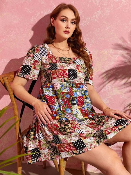 

plus square neck floral & patchwork print smock dress 18wr#, Black
