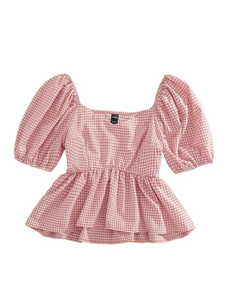 

puff sleeve ruffle hem gingham blouse s4ao#, White