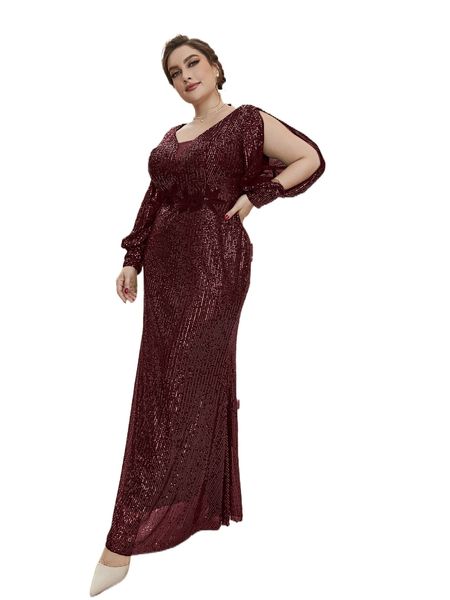 

plus slit lantern sleeve applique sequin formal dress z16k#, Black