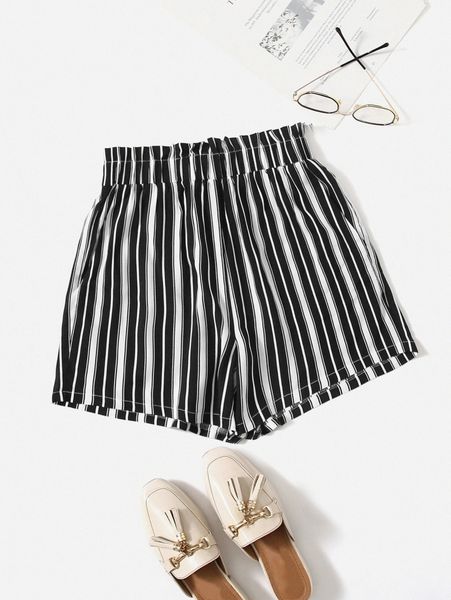 

striped print paperbag waist shorts a52f#, White;black