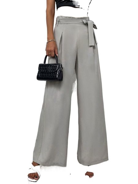 

high waist fold pleated belted wide leg pants 37ic#, Black;white