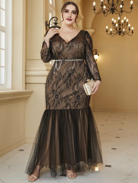 

plus contrast mesh mermaid hem belted lace dress h176#, Black
