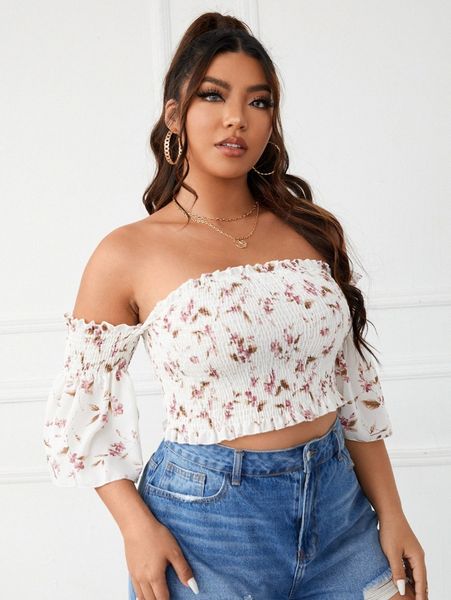 

plus floral print off shoulder shirred crop blouse u80t#, Black
