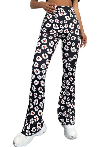 

high waist allover floral print flare leg pants i6eb#, Black;white