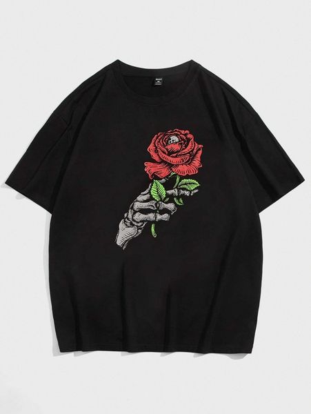 

romwe guys floral & skeleton graphic tee m0rh#, White;black