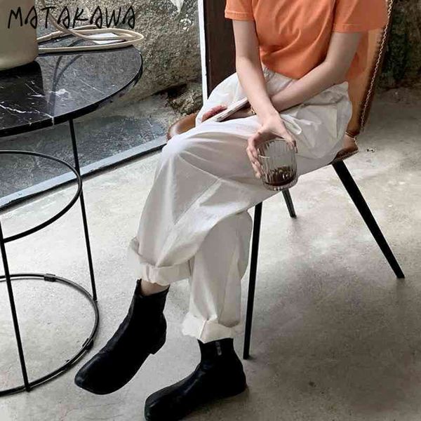 

streetwear women elastic waist pants solid casual summer korean loose trousers straight wide leg 210506, Black;white