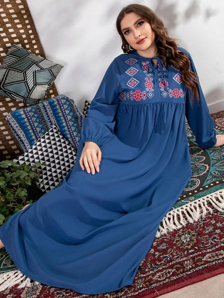 

plus floral & geo embroidery tie front lantern sleeve dress n2zv#, Black