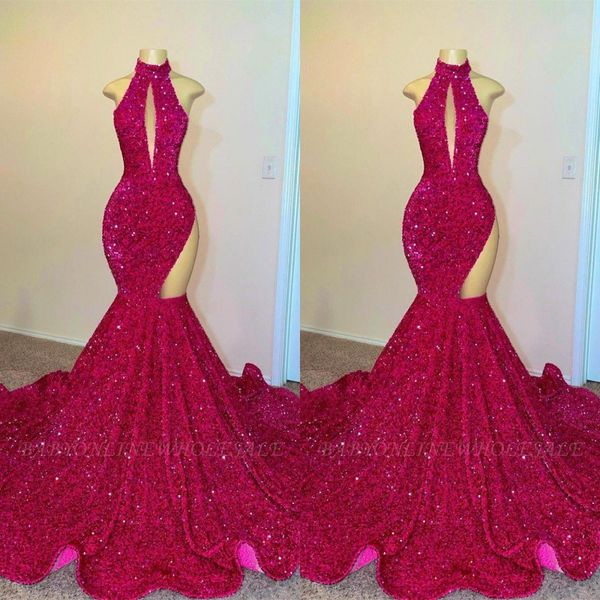 

2022 fuchsia high neck hollow out side prom dresses full sequined backless evening gowns bc13051, Black