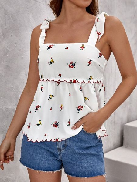 

floral print scallop trim knot shoulder cami w6iv#, White