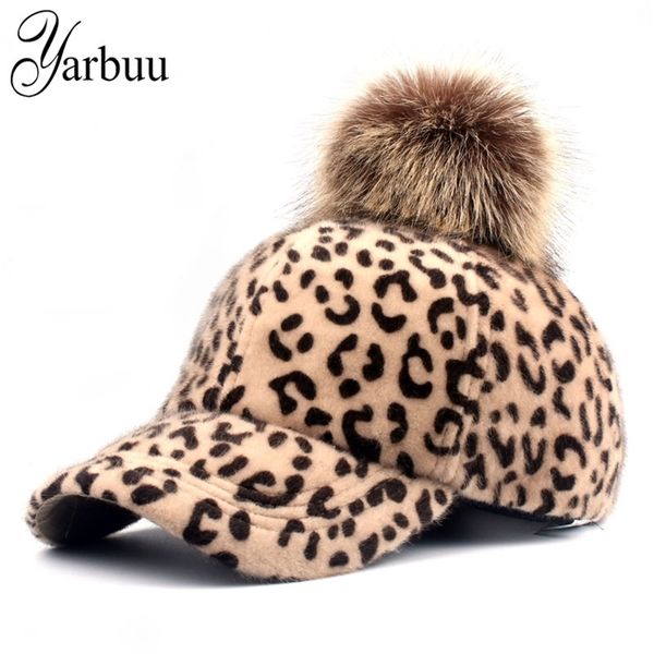 [YARBUU] Marke Baseball Caps Winter für Frauen Faux Pelz Pompom Ball Leopard Kinder Casual Hut 220318