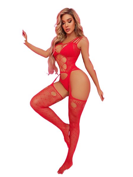 

hollow out fishnet body stocking without thong 503g#, Black;red