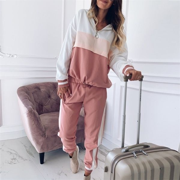 

new autumn fashion 2 piece set tracksuit women solid pullover sweatshirt trousers pants with pockets tracksuit suits y201128, White