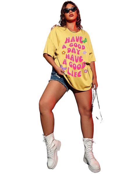 

plus floral & slogan graphic drop shoulder oversized tee m3cu#, Black