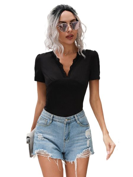 

contrast lace v neck tee p1vj#, White