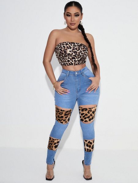 

sxy contrast leopard cut out skinny jeans r2vt#, Blue