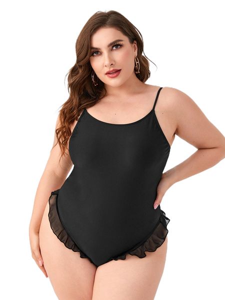 

plus tie back ruffle trim one piece swimsuit x4su#, White;black