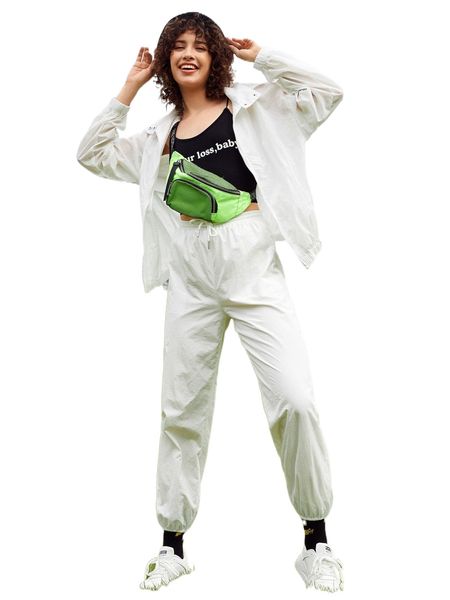 

zipper front drop shoulder jacket and pants set u1cp#, White