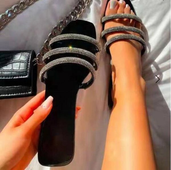 

plus size 35-43 summer women slippers sandals shoes fashion rhinestone low heel lady slides, Black