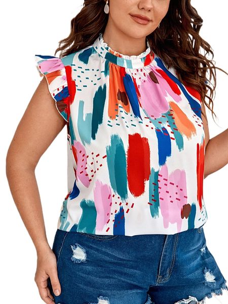 

plus mock neck brush print p3au#, Black