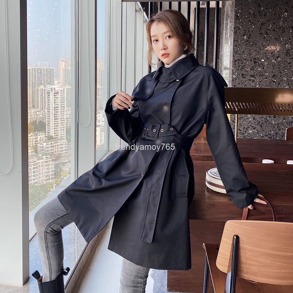 

women's wool & blends early autumn style small fragrance middle ancient shen mengchen classic double row button and long printed windbr, Black