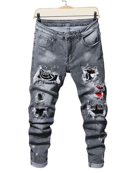 

men letter patched ripped jeans w3o5#, Blue