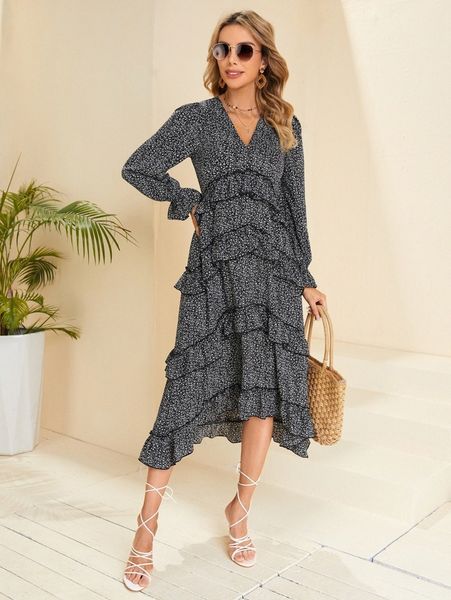 

ditsy floral print flounce sleeve layered hem dress l30y#, Black;gray