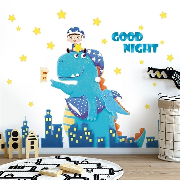 Cartoon Good Night Dinosaur Wall Stickers for Kids Rooms Baby Home Decor Funny Animals Decalques Diy Boy's Room Mural Art T200601