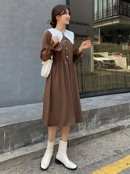 

dazy flounce sleeve sailor collar smock dress d2xh#, Black;gray