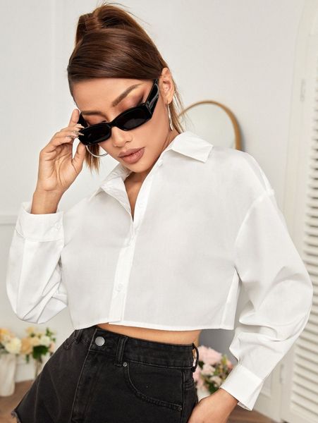 

petite drop shoulder crop blouse 13kc#, White