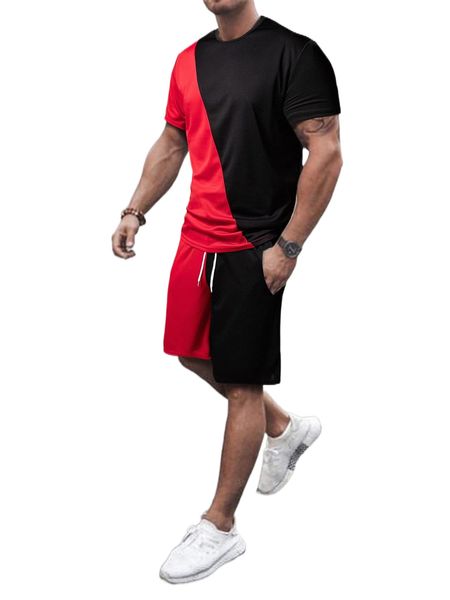 

men two tone tee & drawstring waist shorts r1jt#, Gray