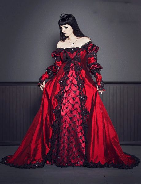 Gothic Ever After Sold Red Red Düğün Elbise Bir Çizgi Vintage Victoria Gelinlikleri Siyah Dantel Aplike Boncuklu Uzun Kollu Gelin Resmi Elbiseler 2022 Vestidos