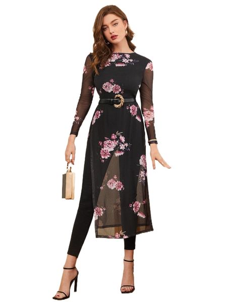 

floral print slit hem mesh without belt q6ne#, White
