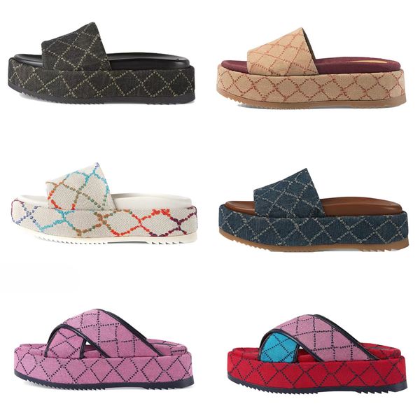 

excellent retro 2022 new denim slipper embroidered cotton luxury designer slides women fashion thick bottom women platform letter sandals, Black