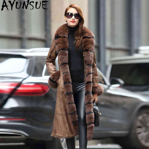 

ayunsue double sided real fur jacket female luxury rabbit fur coats winter jacket women fox fur collar real leather jacket my4244 j220727, Black