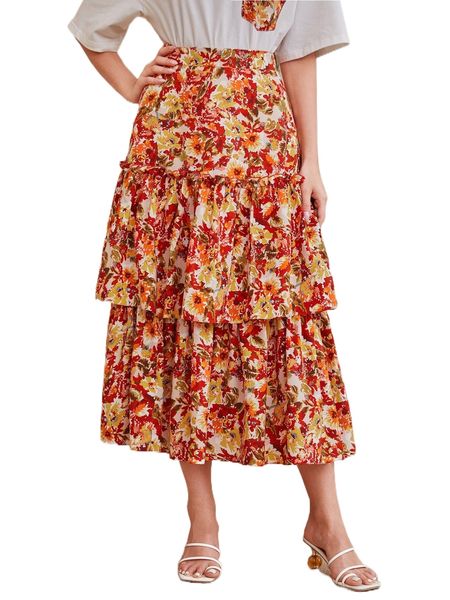 

allover floral print layered hem skirt q7tk#, Black
