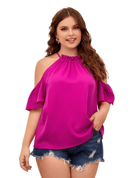 

plus cold shoulder frill trim keyhole back q78e#, Black