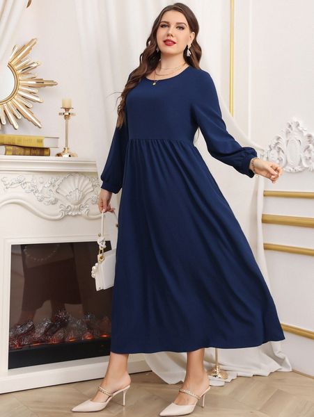 

plus scoop neck lantern sleeve dress l2fg#, Black