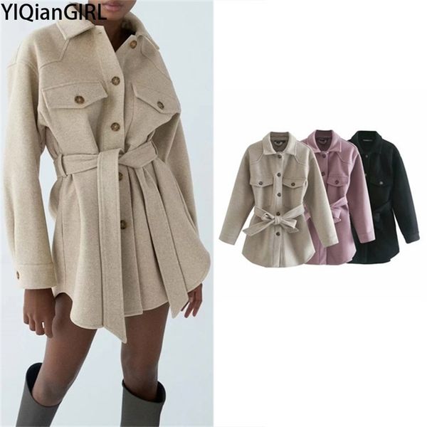 

zar women fashion with belt loose woolen jacket coat vintage long sleeve winter coat elegant female outerwear chic overcoat 201222, Black