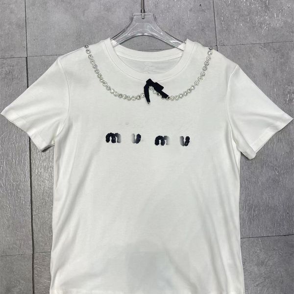 

warehouse clothing short sleeve autumn heavy industry nail drill bow tie doll neck letter bead loose casual t-shirt outlet_rjtb, White