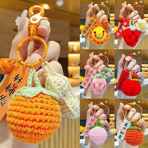 Keychains tricotados com keychain de cereja de flor simulada para mulheres joias de joalheria carrinho de frutas -chave anel fofo bolsa smal22