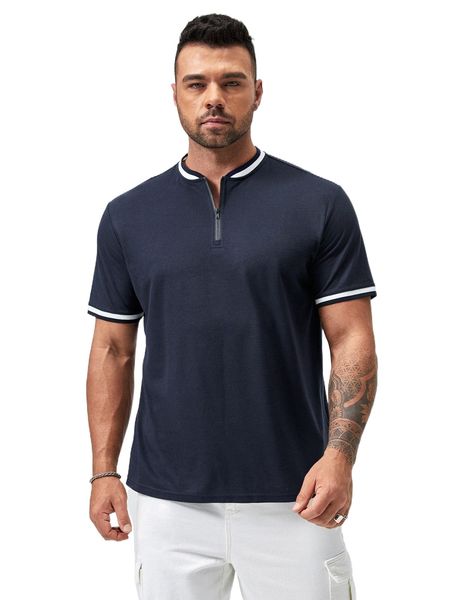 

extended sizes men striped trim quarter zipper polo shirt n1qw#, White;black