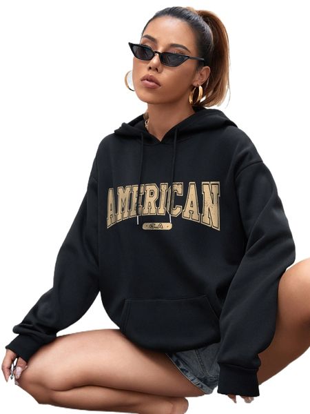 

letter graphic kangaroo pocket drop shoulder drawstring hoodie l5kf#, Black