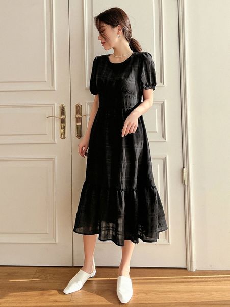 

dazy solid puff sleeve ruffle hem a-line dress l09m#, Black;gray