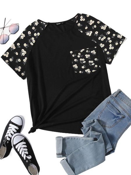 

plus floral print raglan sleeve tee a3f5#, Black